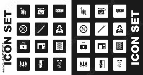 Set Fire exit, Metal pike pole, No fire match, hose reel, Firefighter, Telephone call 911, Evacuation plan and First aid kit icon. Vector