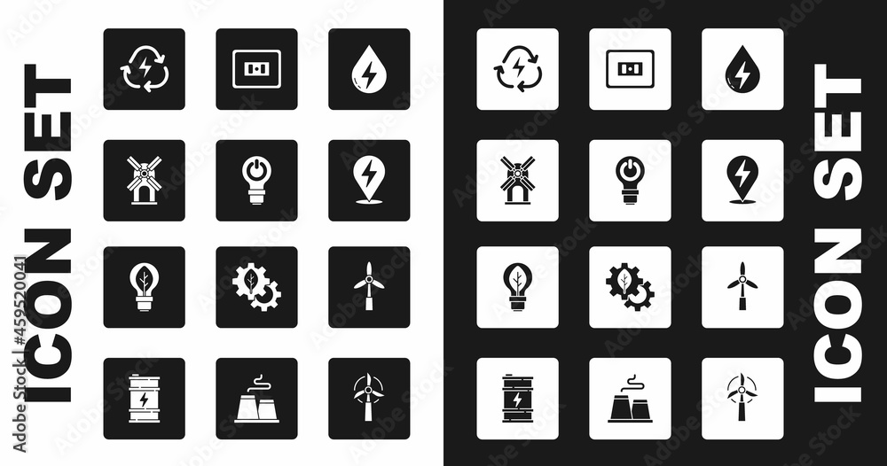 Set Water energy, Light bulb with lightning, Wind turbine, Battery recycle, Lightning bolt, Electrical outlet, and leaf icon. Vector Set Water energy, Light bulb with lightning, Wind turbine, Battery recycle, Lightning bolt, Electrical outlet, and leaf icon. Vector