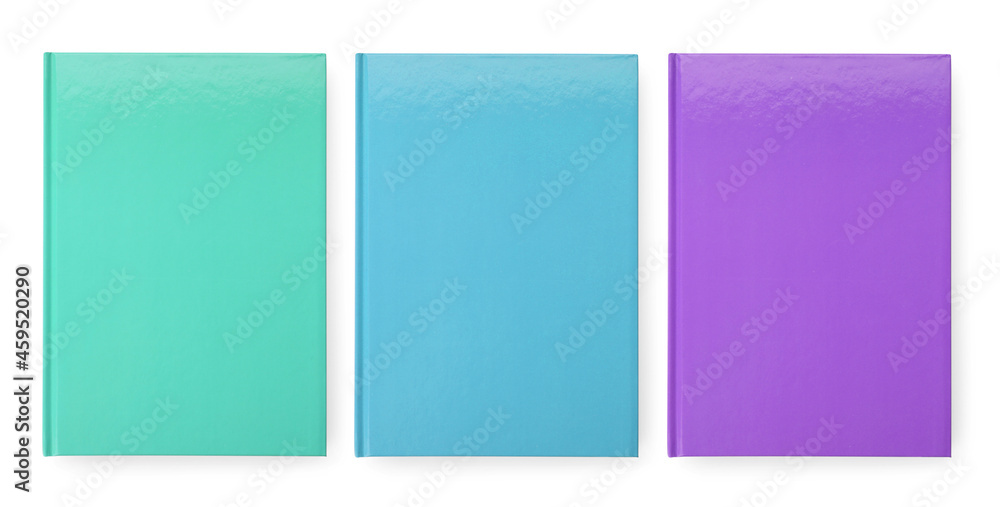 Set with different multicolored planners on white background, top view. Banner design