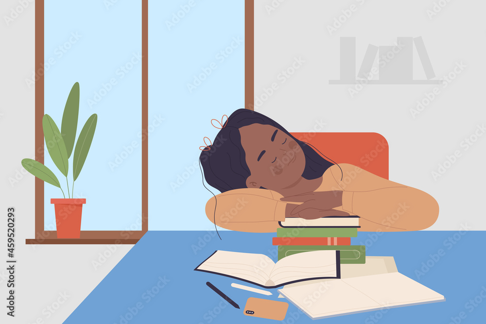 Tired girl studying at home, study fatigue vector illustration. Cartoon  cute schoolgirl child character sleeping on stack of textbooks and books,  teenager sitting at table in home interior background Stock Vector |