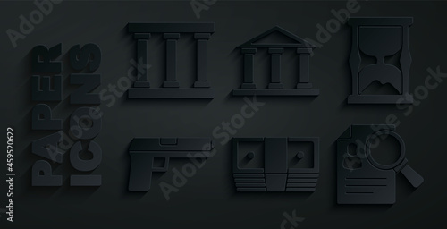 Set Bribe money cash, Old hourglass, Pistol or gun, Paper analysis magnifying, Courthouse building and Prison window icon. Vector
