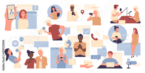 People and social media online chat, internet network communication vector illustration. Cartoon user characters community using smartphone, laptop mobile digital technology to communicate background