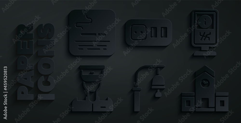 Set Train station bell, Information stand, conductor, Railway, Electrical outlet and Smoking area icon. Vector Set Train station bell, Information stand, conductor, Railway, Electrical outlet and Smoking area icon. Vector