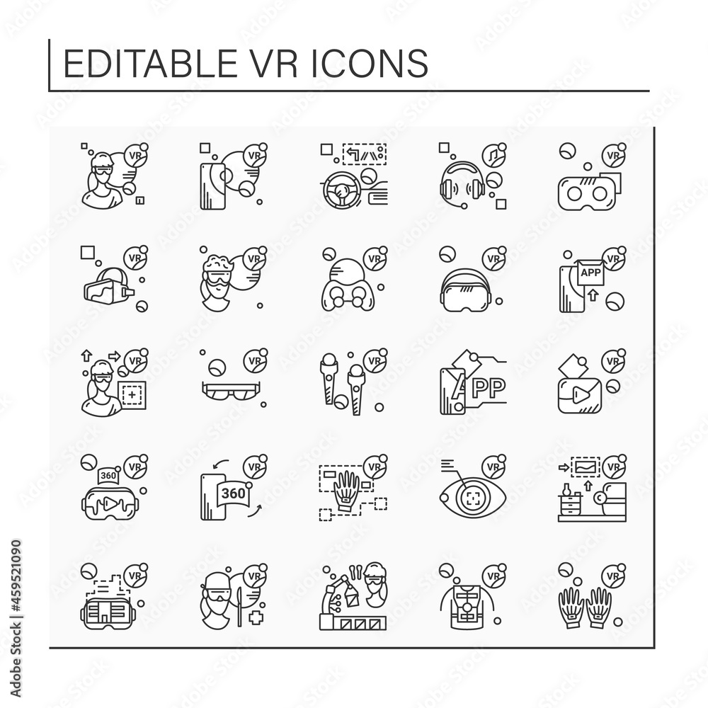Fototapeta premium Virtual reality line icons set. Consists of vr playing area, haptic gloves and suit, headset computer, applications etc. Modern technology concept. Isolated vector illustrations. Editable stroke