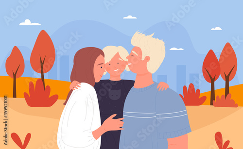 Family people spend fun time in autumn city park, cute scene vector illustration. Cartoon mother father and child characters standing together in town landscape, smiling and hugging background