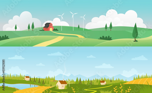 Farm houses on farmland green field, summer rural scene in Europe set vector illustration. Cartoon horizontal panorama nature scenery with European village by road, building and mill background