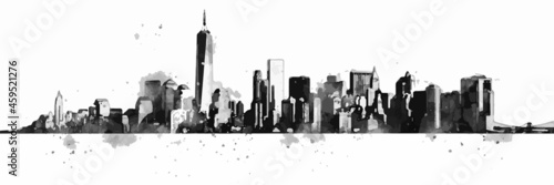 New York City skyline silhouette. Grey monochrome watercolor cityscape