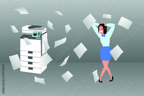 vector illustration presented by a stress situation, the printer does not work, scattered papers, stress, broken technique, printer does not work.