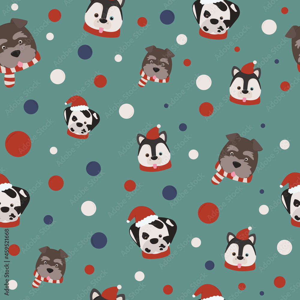 Seamless Christmas pattern with dogs in red hats and scarves on a turquoise background