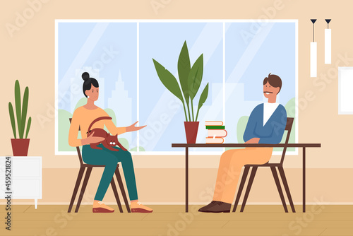 Pet owner and cat on medical veterinary exam vector illustration. Cartoon young woman character sitting with sick kitten in medicine animal health care office, visiting doctor in hospital background