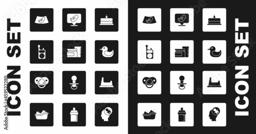 Set Cake with burning candles, Baby food, Monitor Walkie Talkie, Ultrasound of baby, Rubber duck, potty and dummy pacifier icon. Vector