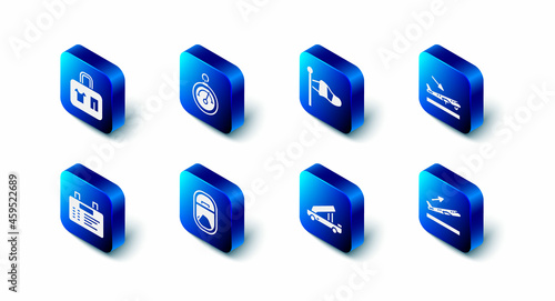 Set Barometer, Cone meteorology windsock, Plane landing, takeoff, Passenger ladder, Airplane window, Airport board and Suitcase icon. Vector