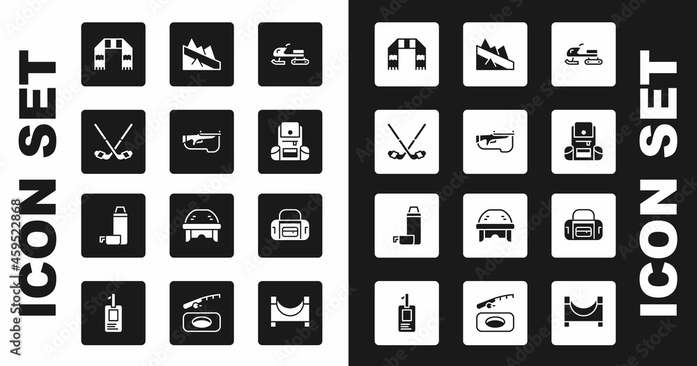 Set Snowmobile, Biathlon rifle, Ice hockey sticks, Winter scarf, Hiking backpack, Mountain descent, Sport bag and Thermos container icon. Vector Set Snowmobile, Biathlon rifle, Ice hockey sticks, Winter scarf, Hiking backpack, Mountain descent, Sport bag and Thermos container icon. Vector