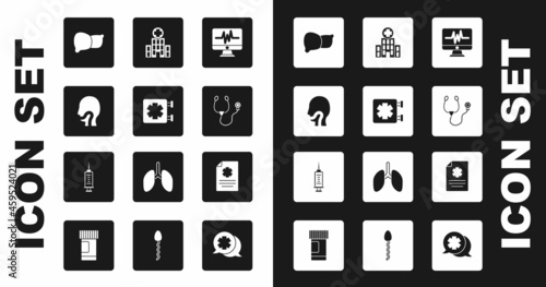 Set Monitor with cardiogram, Medical symbol of the Emergency, Sore throat, Human organ liver, Stethoscope, hospital building, Clinical record and Syringe icon. Vector