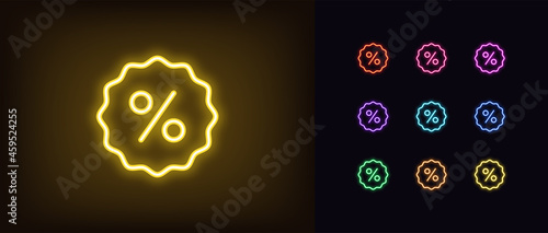 Outline neon percentage icon. Glowing neon percentage sign, discount tag pictogram in vivid colors