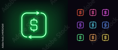 Outline neon cashback icon. Glowing neon cash back sign, money return pictogram in vivid colors photo