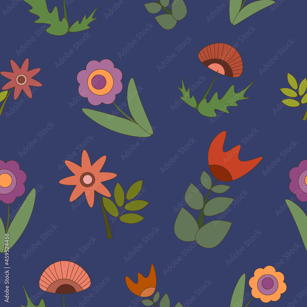 Vector seamless flower pattern on blue background. Colorful flat style pattern with separate flowers. Simple bright design. 