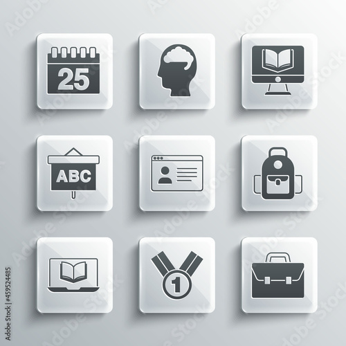 Set Medal, Briefcase, School backpack, Online class, Chalkboard, Calendar and icon. Vector