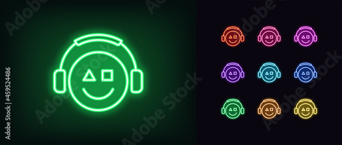 Outline neon gamer icon. Glowing neon emoticon gamer with headphones, esports geek logo