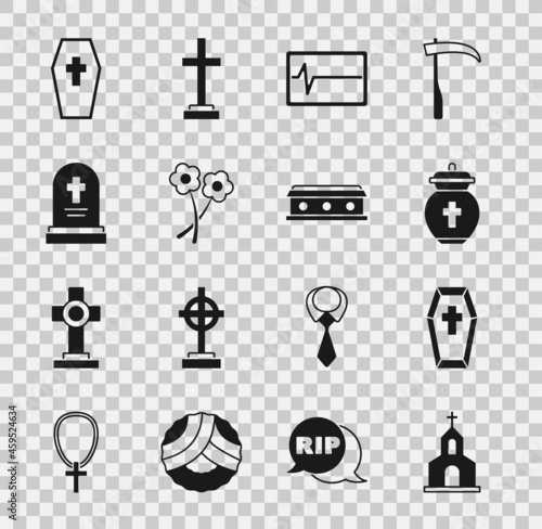 Set Church building, Coffin with cross, Funeral urn, Beat dead monitor, Flower, Grave tombstone, and icon. Vector