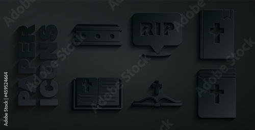 Set Holy bible book, Speech bubble rip death and Coffin with cross icon. Vector