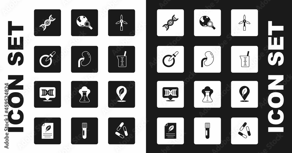 Set Wind turbine, Human kidney, Petri dish with pipette, DNA symbol, Laboratory glassware or beaker, Magnifying globe, Location leaf and icon. Vector Set Wind turbine, Human kidney, Petri dish with pipette, DNA symbol, Laboratory glassware or beaker, Magnifying globe, Location leaf and icon. Vector