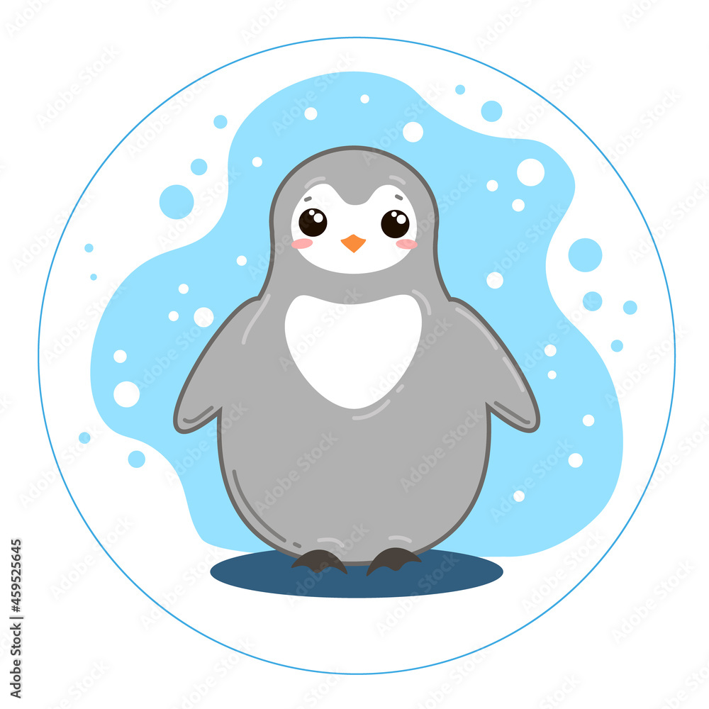 Naklejka premium Vector character little cute grey penguin on blue background. Nice flat style clipart.