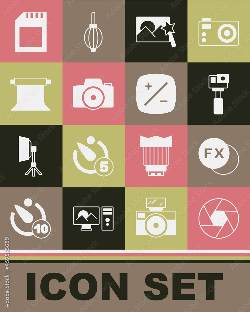 Set Camera shutter, Photo camera fx, Action, retouching, Empty photo studio, SD card and Exposure compensation icon. Vector Set Camera shutter, Photo camera fx, Action, retouching, Empty photo studio, SD card and Exposure compensation icon. Vector