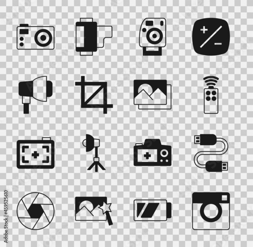 Set Photo camera, USB cable cord, Remote control for, Picture crop photo, Softbox light, and frame icon. Vector