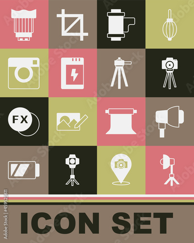Set Softbox light, Photo camera, Camera roll cartridge, Battery for, photo lens and Tripod icon. Vector
