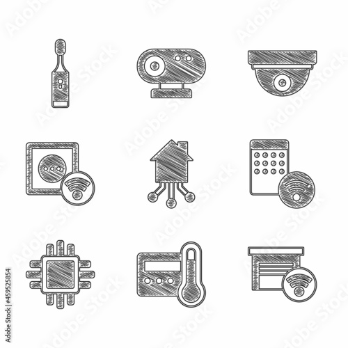 Set Smart home, Thermostat, garage, Air humidifier, Processor with CPU, electrical outlet, Motion sensor and Electric toothbrush icon. Vector