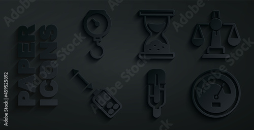 Set Medical thermometer, Scales of justice, Laser distance measurer, Speedometer, Old hourglass with sand and Hand scale spring mechanical icon. Vector