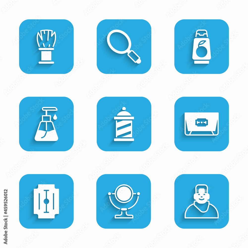 Set Barber shop pole, Round makeup mirror, Client in barbershop, Blade razor, Cream cosmetic tube, Bottle of shampoo and Shaving brush icon. Vector Set Barber shop pole, Round makeup mirror, Client in barbershop, Blade razor, Cream cosmetic tube, Bottle of shampoo and Shaving brush icon. Vector
