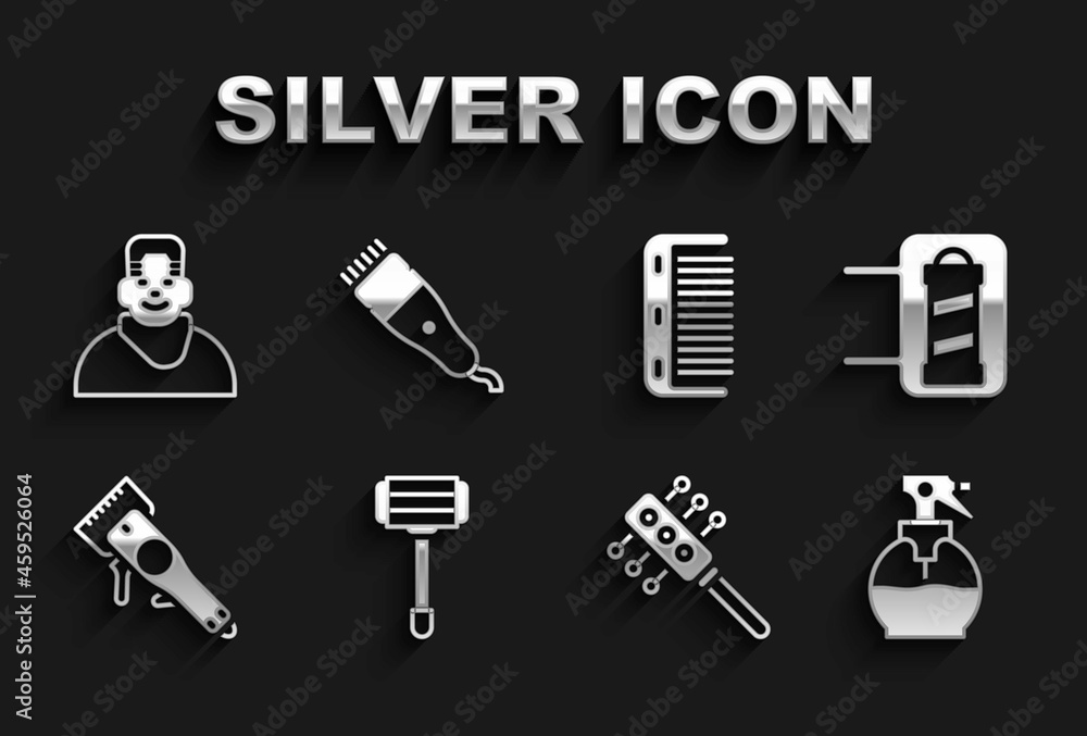 Set Shaving razor, Barber shop pole, Hairdresser pistol spray bottle, Hairbrush, Electrical hair clipper, Client barbershop and icon. Vector Set Shaving razor, Barber shop pole, Hairdresser pistol spray bottle, Hairbrush, Electrical hair clipper, Client barbershop and icon. Vector