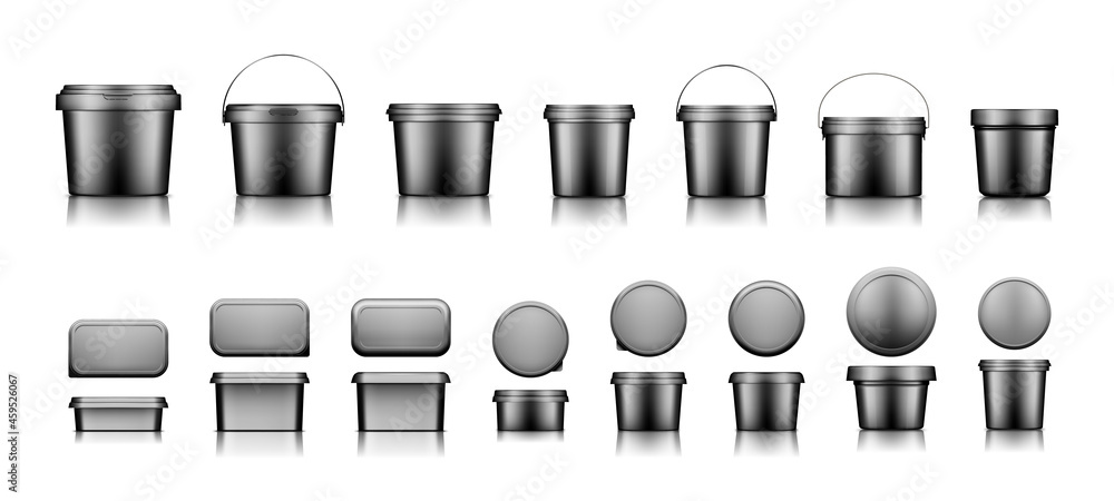 Black bucket mockups for ice cream, yogurt, cheese, mayonnaise, butter or paint - obrazy, fototapety, plakaty 