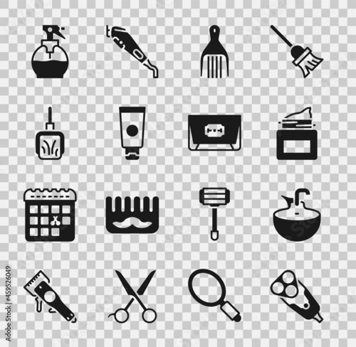 Set Electric razor blade, Washbasin, Cream cosmetic jar, Barrette, tube, Dustpan, Hairdresser pistol spray bottle and Blade icon. Vector