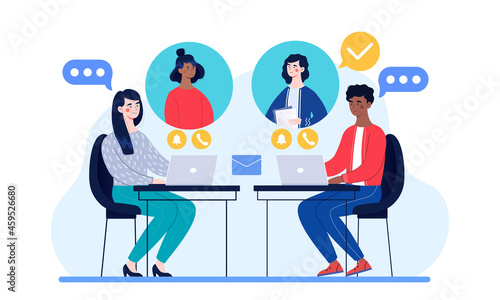 Video conference meeting online concept. Man and woman sitting at workplace at laptop and communicating with colleagues. Remote work. Cartoon flat vector illustration isolated on white background