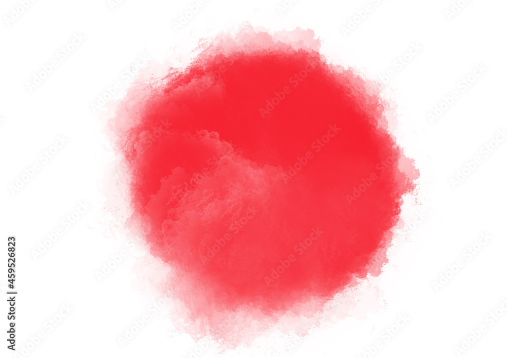 Explosión de tinta roja sobre fondo blanco. Círculo acuarela, textura, fluidez.