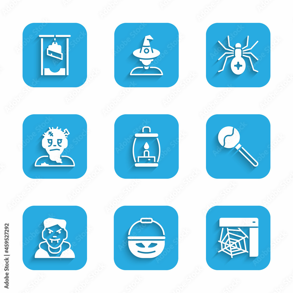 Set Camping lantern, Pumpkin basket for sweets, Spider web, Lollipop, Vampire, Zombie mask, and Guillotine icon. Vector Set Camping lantern, Pumpkin basket for sweets, Spider web, Lollipop, Vampire, Zombie mask, and Guillotine icon. Vector