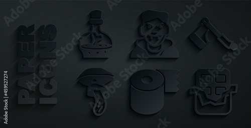 Set Toilet paper roll, Wooden axe, Psilocybin mushroom, Chocolate bar, Vampire and Bottle with potion icon. Vector