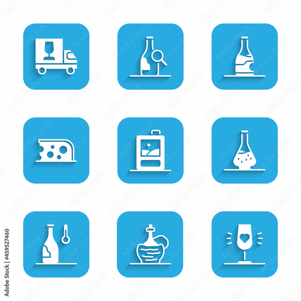 Set Cardboard box of wine, Wine italian fiasco bottle, glass, Decanter for, temperature, Cheese, Bottle and truck icon. Vector Set Cardboard box of wine, Wine italian fiasco bottle, glass, Decanter for, temperature, Cheese, Bottle and truck icon. Vector