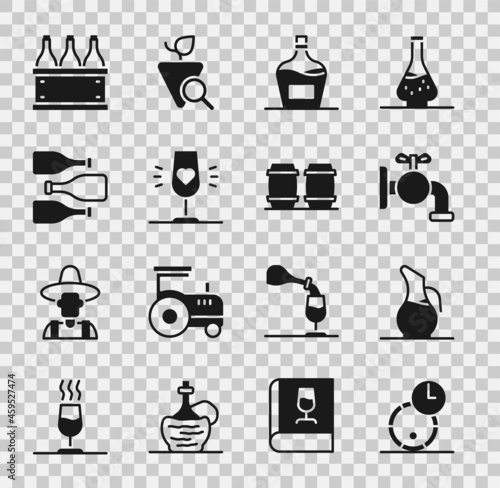 Set Wooden barrel for wine, Decanter, Tap, Old bottle of, Wine glass, Bottles, box and icon. Vector