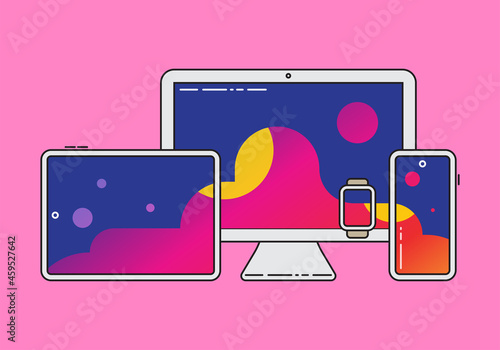 Cross-platform App. Vector Illustration. Cross Platforming Devices United with one Background. Multi Platform.