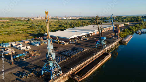 Aerial view of a cargo dock. Aerial view container ship, import export commerce global business trade logistic and transportation