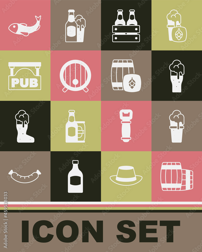 Set Wooden barrel, Glass of beer, Pack bottles, Street signboard with Pub, Dried fish and icon. Vector Set Wooden barrel, Glass of beer, Pack bottles, Street signboard with Pub, Dried fish and icon. Vector