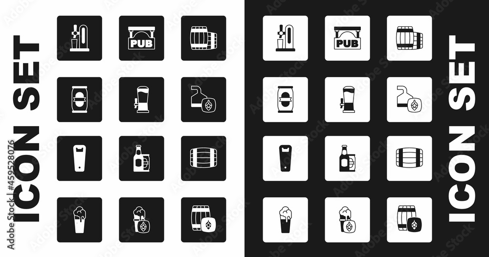 Set Wooden barrel, Beer tap, can, with glass, brewing process, Street signboard Pub, and Bottle opener icon. Vector Set Wooden barrel, Beer tap, can, with glass, brewing process, Street signboard Pub, and Bottle opener icon. Vector