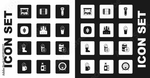 Set Bottle opener, Pack of beer bottles, Hop, Street signboard with Pub, Glass, Wooden barrel, Metal keg and Boot glass icon. Vector