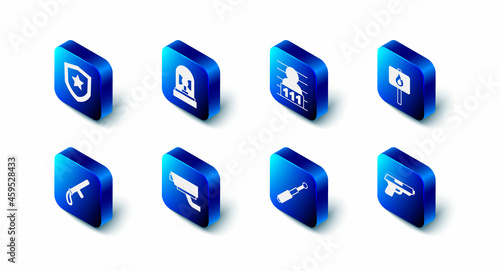 Set Flasher siren, Suspect criminal, Protest, Pistol or gun, Telescopic baton, Security camera, Police rubber and badge icon. Vector