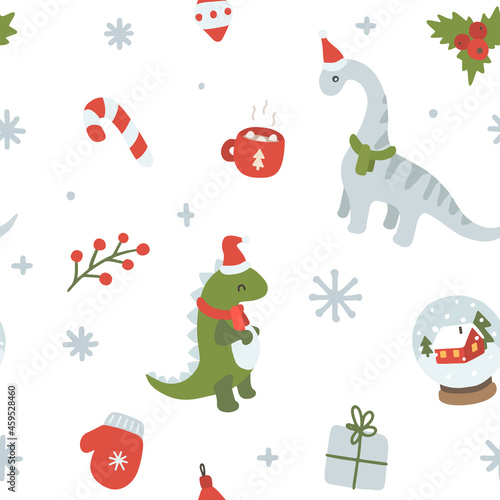 Cute dino in scarfs and santa hat christmas pattern. Seamless texture for textile  fabric  apparel  wrapping  paper  stationery.