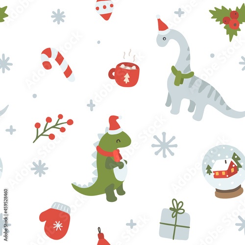 Cute dino in scarfs and santa hat christmas pattern. Seamless texture for textile, fabric, apparel, wrapping, paper, stationery.